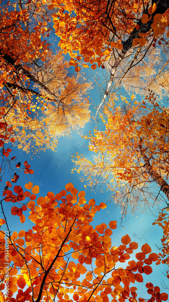 In autumn, the sky is blue and clear with golden leaves hanging on trees. The leaves show rich colors of orange red and yellow, as if they were painted by an artist's brushstrokes. In autumn, the sky is blue and clear with golden leaves hanging on trees. The leaves show rich colors of orange red and yellow, as if they were painted by an artist's brushstrokes.