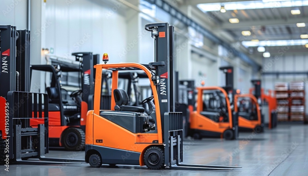 Row of forklifts parked in warehouse, with tires resting on asphalt flooring