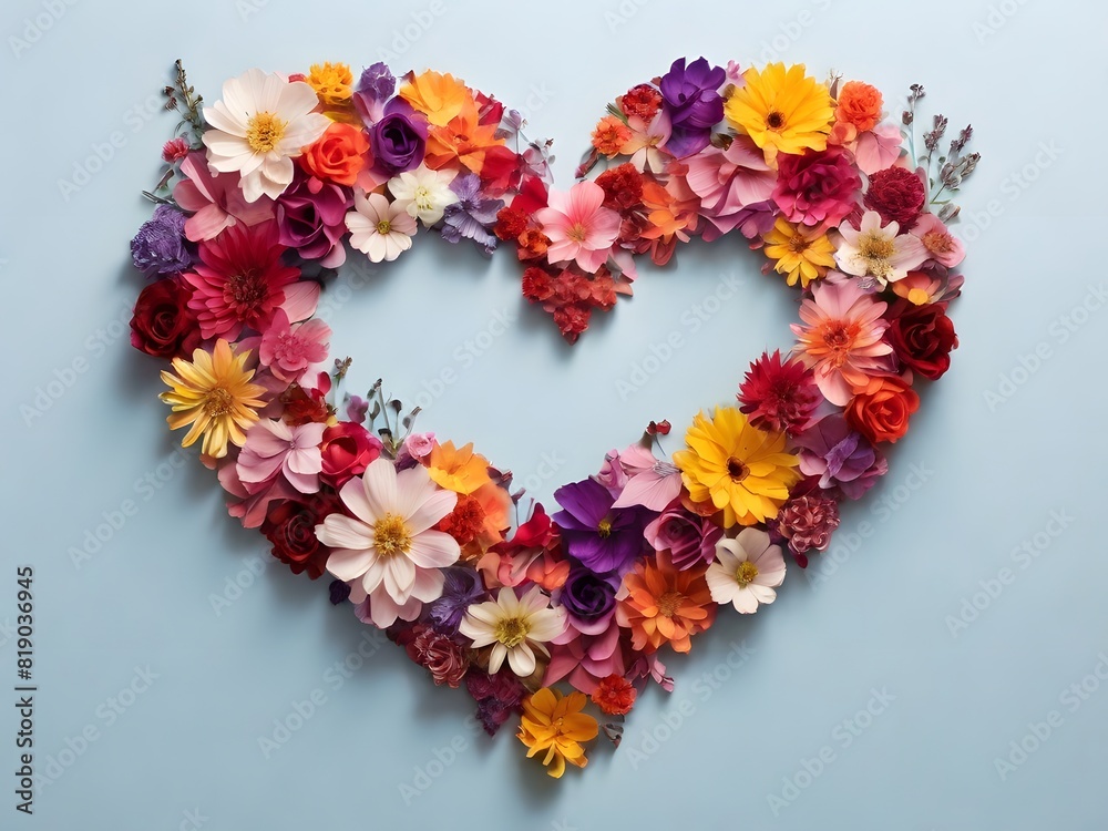 The shape of a heart from above made of colorful flowers