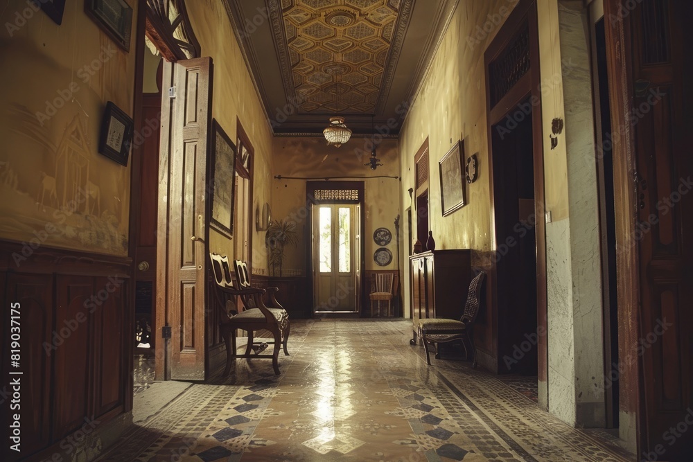 The vintage hallway corridor interior of home with antique wooden furniture and ceiling
