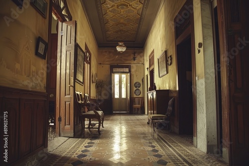 The vintage hallway corridor interior of home with antique wooden furniture and ceiling