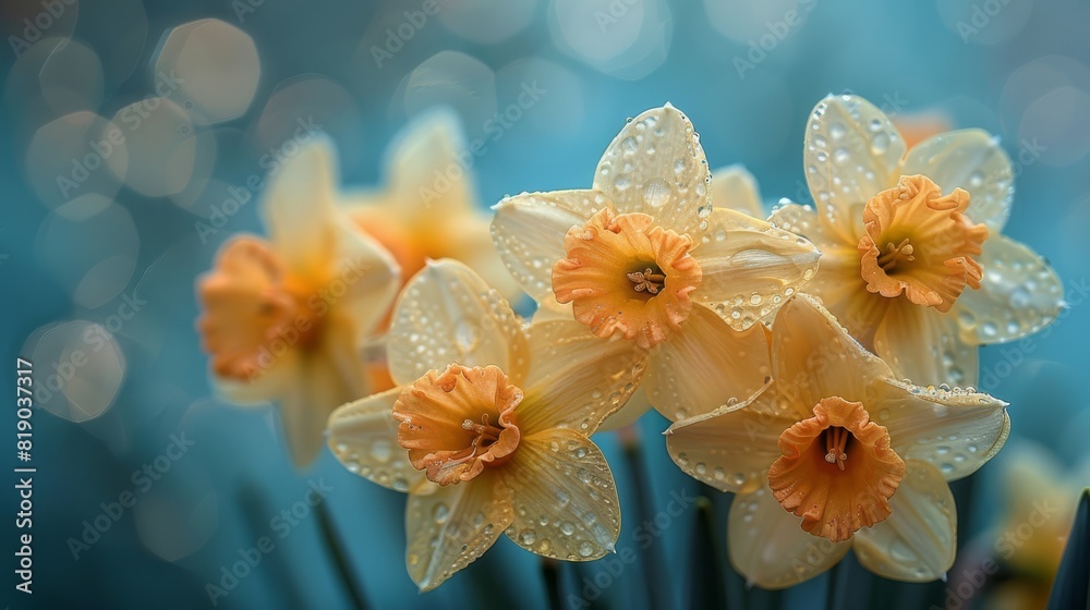 Fresh Morning Dew on Daffodils with Delicate Orange Centers Against a Dreamy Blue Background. Fresh Morning Dew on Daffodils with Delicate Orange Centers Against a Dreamy Blue Background.