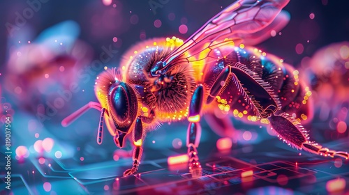 A bee depicted in neon lights, buzzing through a futuristic cityscape at night, combining urban and natural elements, in a cyberpunk style33