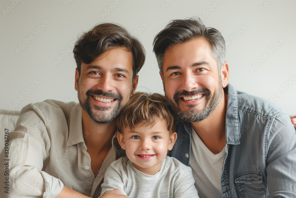 Happy gay couple with their son, laughing and playing together isolated on a white background, studio portrait Happy gay couple with their son, laughing and playing together isolated on a white background, studio portrait