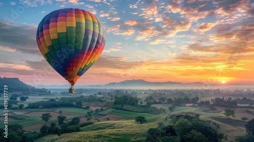 Hot air balloon , Patchwork landscape ,Aerial photography © Panupan