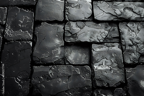  Close-Up of Black Textured Stone Wall.Close-up of a black textured stone wall, ideal for background images, industrial design blogs, and architectural photography.