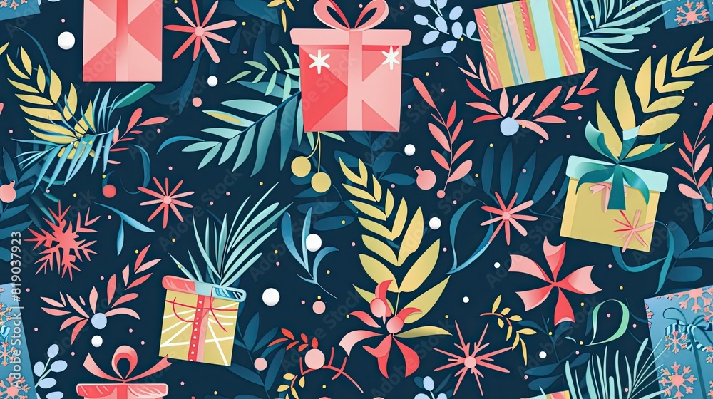 Obraz premium Seamless pattern with gift boxes and snowflakes 
