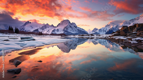 A stunning Siberian landscape, with snow-capped mountains reflecting in a crystal-clear lake under a vibrant sunset sky.