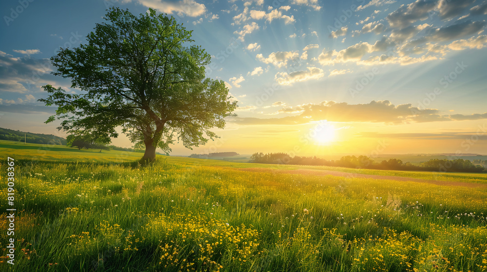 A beautiful tree in the middle of an open field with grass and flowers, under a blue sky at sunset, sunlight shining through clouds onto it, creating a peaceful atmosphere. 