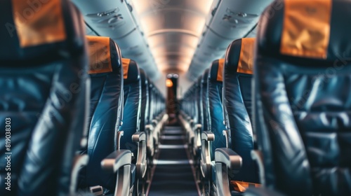 Commercial aircraft cabin with rows of seats down the aisle photo