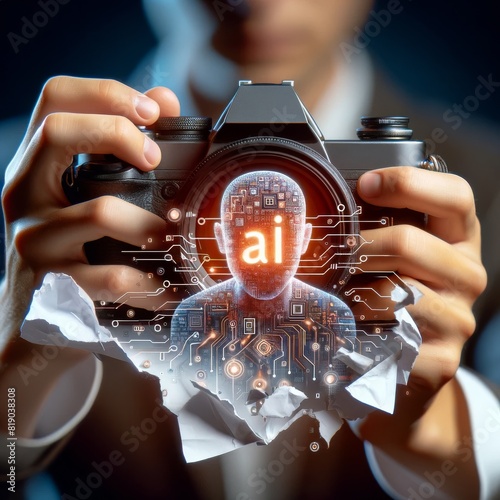 Hand holding camera with network icons and artificial intelligence. artificial intelligence killing photography