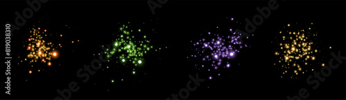 Glowing magic sparkles. Glittering dots, particles and stars. Glow flare light effect. Luminous points different colors. Vector particles on black background.