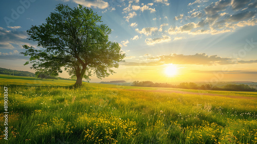 A beautiful tree in the middle of an open field with grass and flowers  under a blue sky at sunset  sunlight shining through clouds onto it  creating a peaceful atmosphere. 