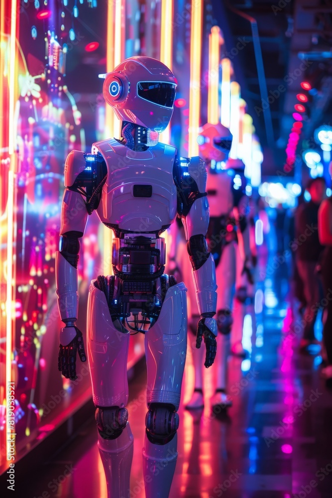 A humanoid robot illuminated by vibrant neon lights in an urban night setting that suggests a futuristic scenario