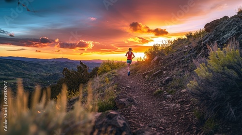 A solitary runner takes on a mountain trail at sunset  embodying the spirit of endurance and the pursuit of personal fitness goals. AIG41