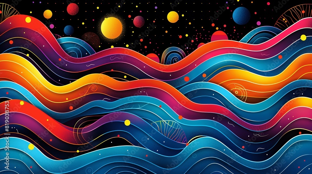 Geometric Background, Vibrant abstract pattern with colorful wavy lines and circles Illustration image, Geometric Background, Vibrant abstract pattern with colorful wavy lines and circles Illustration image,