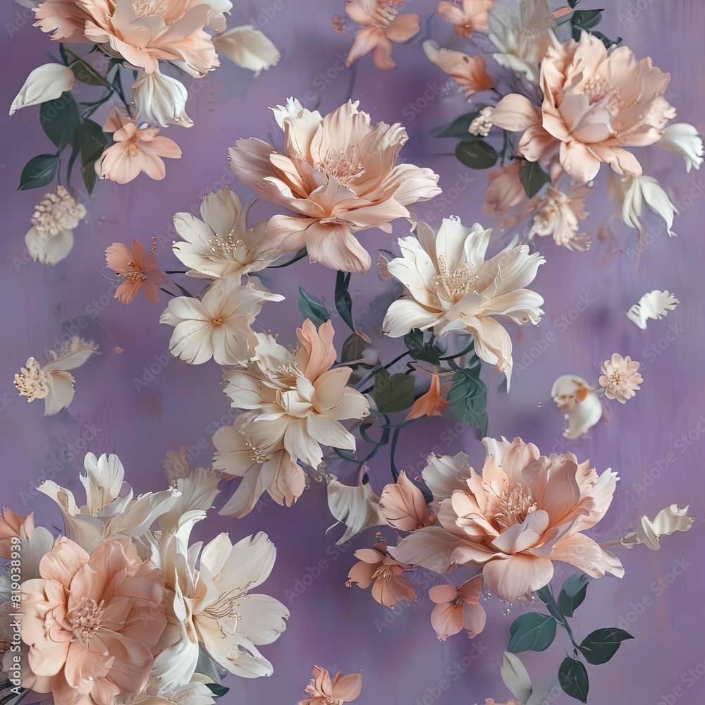 3D Render of Abstract Peach and Ivory Flowers Inspired by Matisse on Purple Background Gen AI