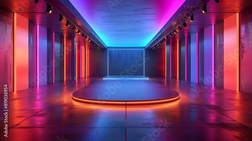 A futuristic neon showcase podium in a dynamic retail environment