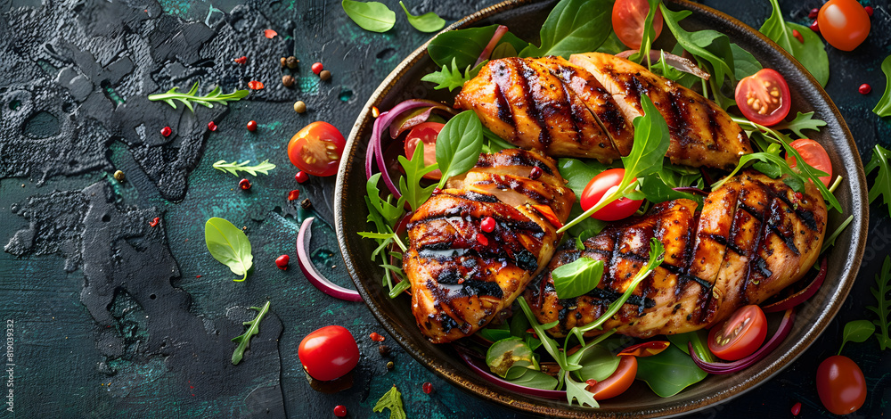 Lunch menu Grilled chicken broast with fillet and fresh vegetable salad Healthy food High quality photo Lunch menu Grilled chicken broast with fillet and fresh vegetable salad Healthy food High quality photo