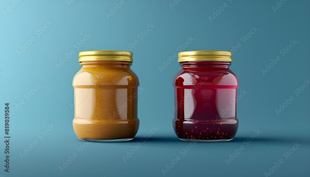 jar of peanut butter and jar of jelly, next to each other on blue background jar of peanut butter and jar of jelly, next to each other on blue background