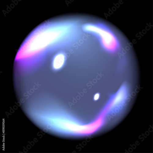 3D Holographic Bubble isolated black background. 3D Transparent Chrome water drop. Realistic vector Bubble