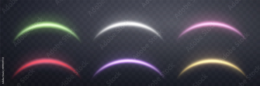 Magic arches different colors with glowing particles, sunlight lens flare. Neon realistic energy flare arch. Abstract light effect on a transparent background. Vector illustration.