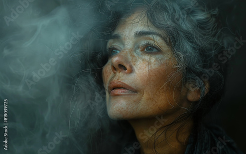 Woman looks up with her eyes closed surrounded by smoke. 40 year old woman