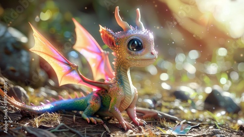 Colorful baby dragon sitting on the ground with wings spread out  with big eyes