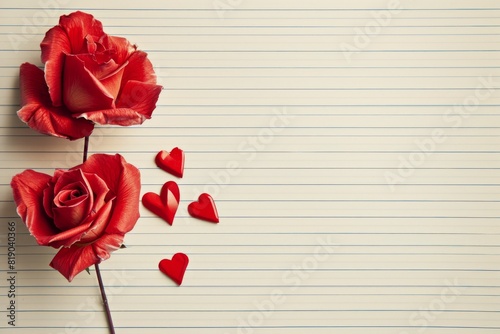 Two roses on lined book paper for writing a love letter with copy space. Valentine's day background.