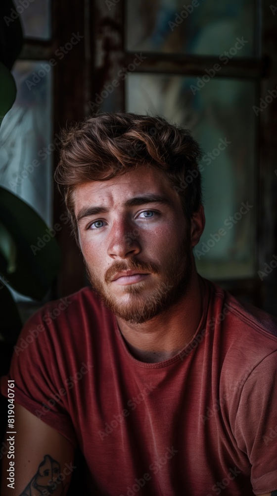 A man wearing a red shirt and sporting a beard A man wearing a red shirt and sporting a beard