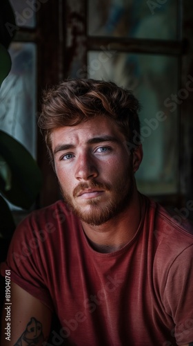 A man wearing a red shirt and sporting a beard