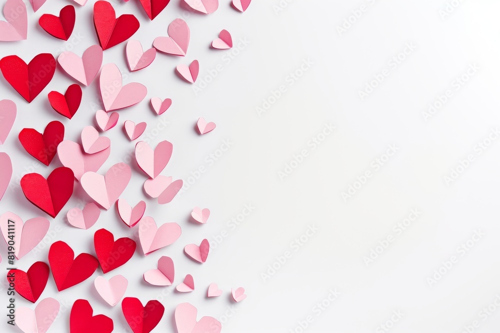 Folded red and pink hearts from paper on a white background with empty space on the right. Suitable for valentine's day background content with copy space.