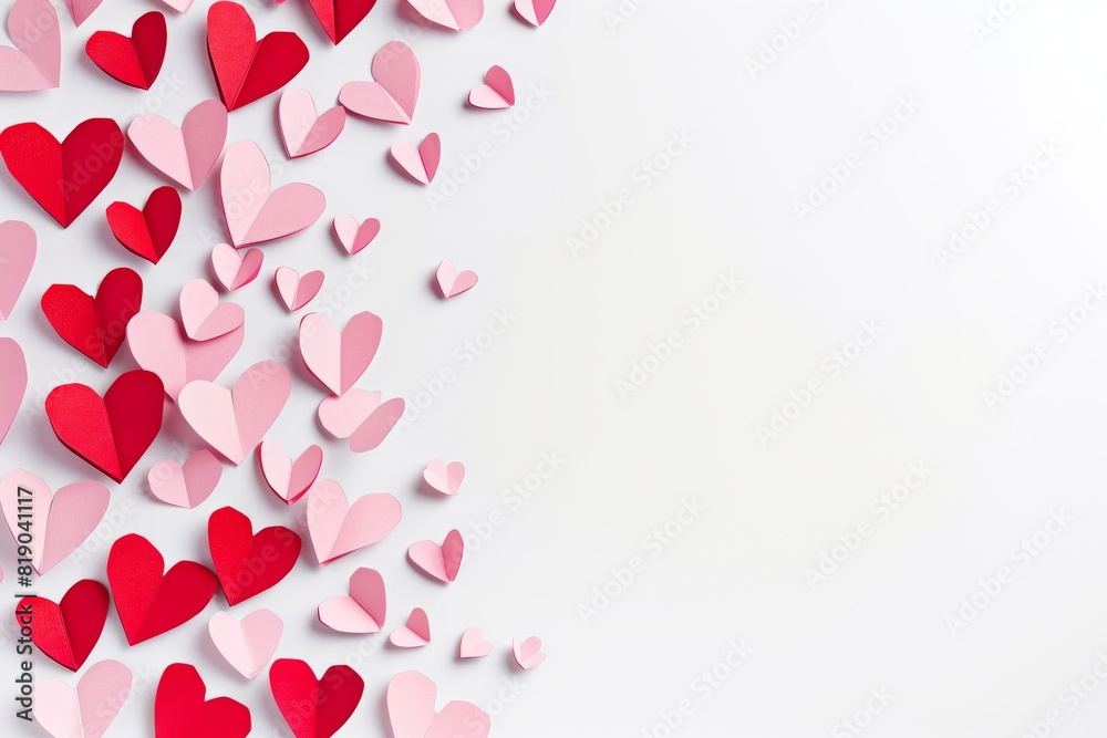 Folded red and pink hearts from paper on a white background with empty space on the right. Suitable for valentine's day background content with copy space. Folded red and pink hearts from paper on a white background with empty space on the right. Suitable for valentine's day background content with copy space.