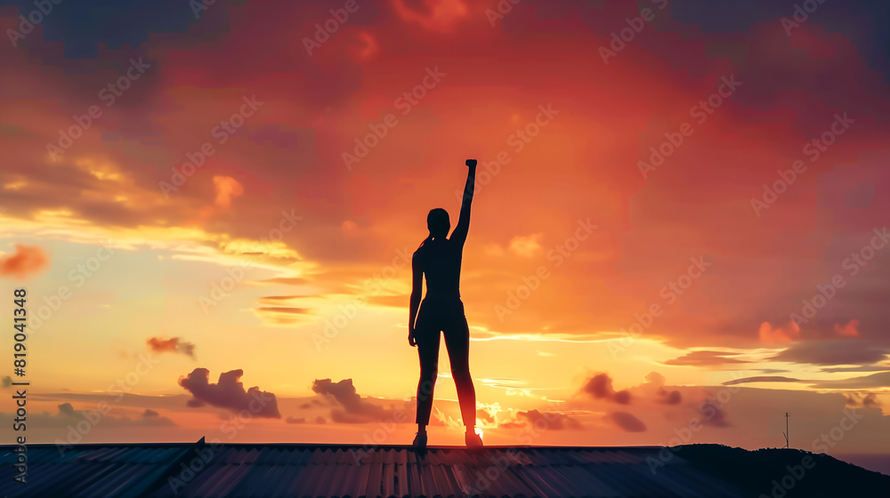 Fototapeta premium Silhouette of woman with victory and success with raised fist standing against sunset sky