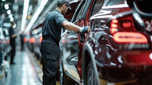 A man is busy working on a car in a factory, inspecting tires, wheels, and automotive lighting for the vehicle's assembly. AIG41