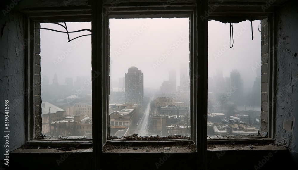 Fototapeta premium abandoned apocalyptic city streets with skyscrapers in the fog