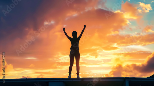 Silhouette of woman with victory and success with raised fist standing against sunset sky