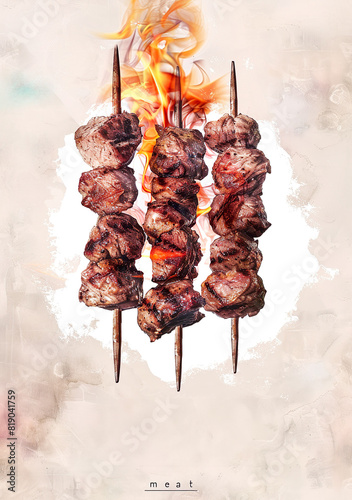 Three meat skewers, It has marinated beef strips wrapped around its ends. A neutral color scheme surrounds them, with soft lighting that highlights their details.