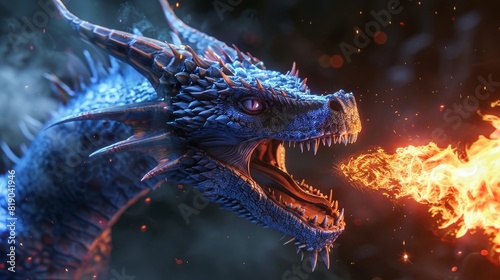 Here's a side view of an epic blue dragon spitting fire