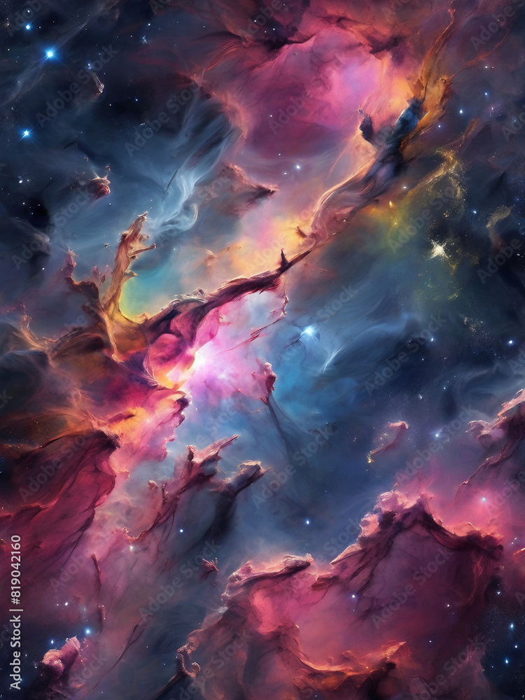 Fototapeta premium Featuring a vibrant, with bright, colorful, greenish, pink, yellow arms stretching out into the dark void of space. Include sparkling stars and glowing nebulae