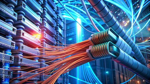 A multitude of bright orange cables connect to a series of servers in a data center. The cables are assembled into large bundles that are routed through a flexible conduit.AI generated.
