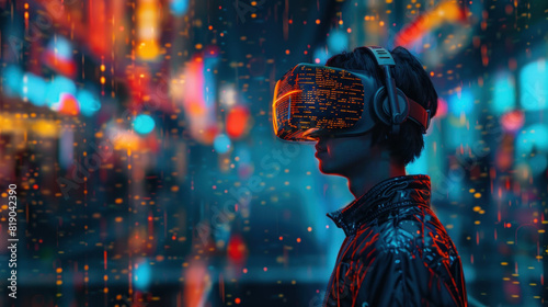 Young man wearing augmented, virtual reality device, cyberpunk