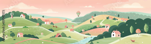 A flat illustration of the countryside with rolling hills  small villages and farmland  vector graphic design in colorful pastel colors