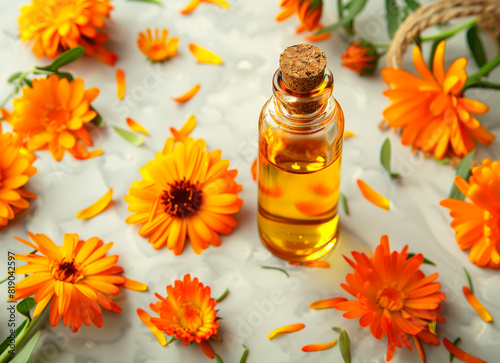 Calendula flowers and oil in beautiful bottle on white marble table photo