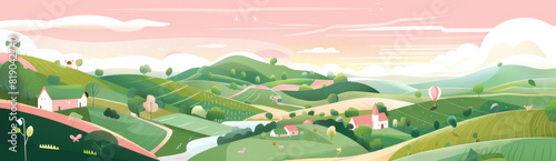 A flat illustration of the countryside with rolling hills  small villages and farmland  vector graphic design in colorful pastel colors