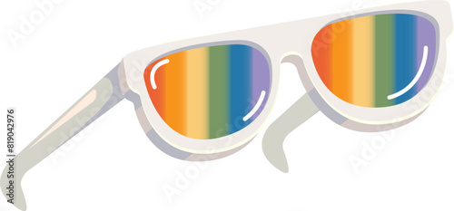 pride month sunglasses retro groovy hippie style with pride rainbow lens and white frame isolated on transparent background. Retro vintage Pride month, LGBT and LGBTQ sunglasses icon, sticker, poster