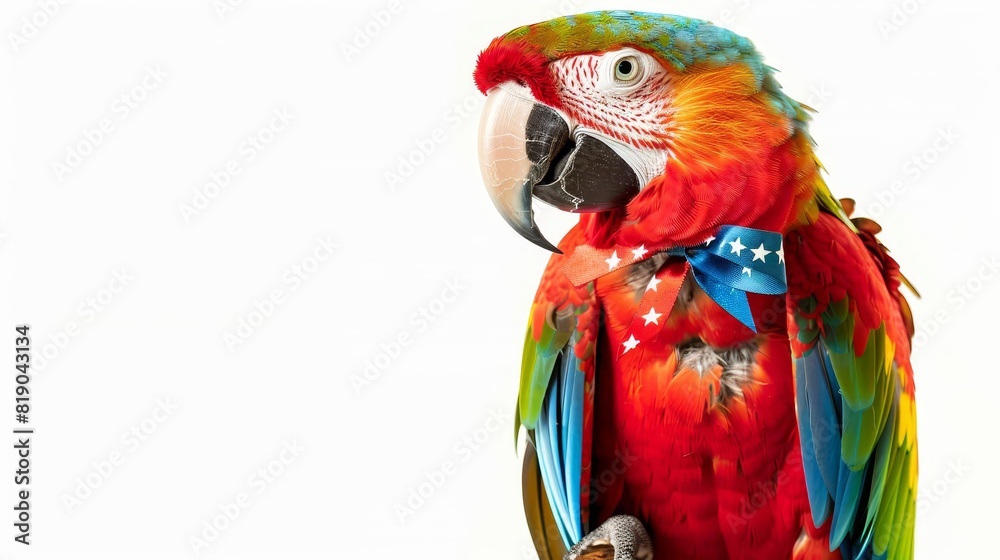 Fototapeta premium A cheerful parrot perched with a patriotic bow on its chest, in a bright and airy room, showcasing its vibrant colors, isolated on white background, copy space