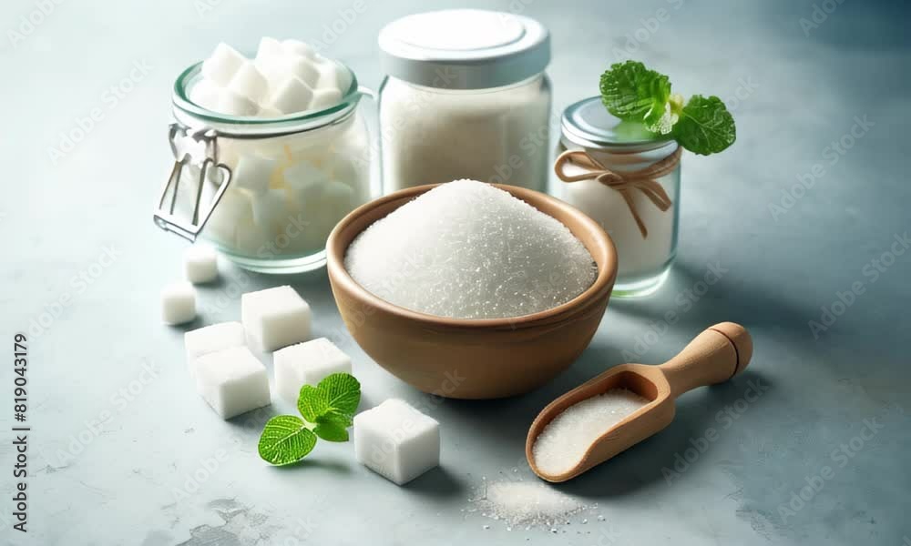 A still life image showcasing sugar in various forms: a wooden bowl filled with granulated sugar, sugar cubes scattered around, a small glass jar, and a milk jug on a light gray background A still life image showcasing sugar in various forms: a wooden bowl filled with granulated sugar, sugar cubes scattered around, a small glass jar, and a milk jug on a light gray background
