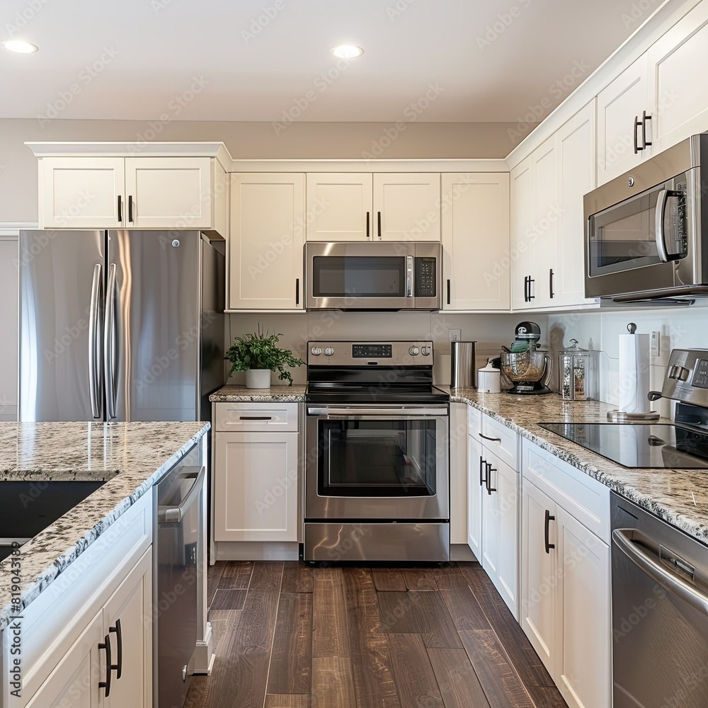 A renovated kitchen with stainless steel appliances and granite countertops. A renovated kitchen with stainless steel appliances and granite countertops.