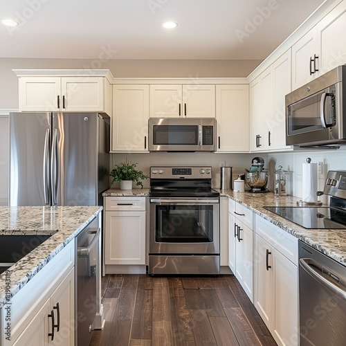 A renovated kitchen with stainless steel appliances and granite countertops. 